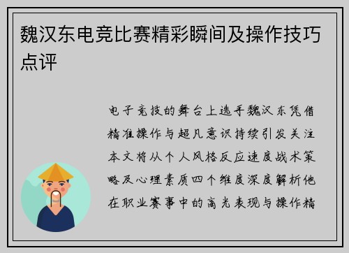 魏汉东电竞比赛精彩瞬间及操作技巧点评